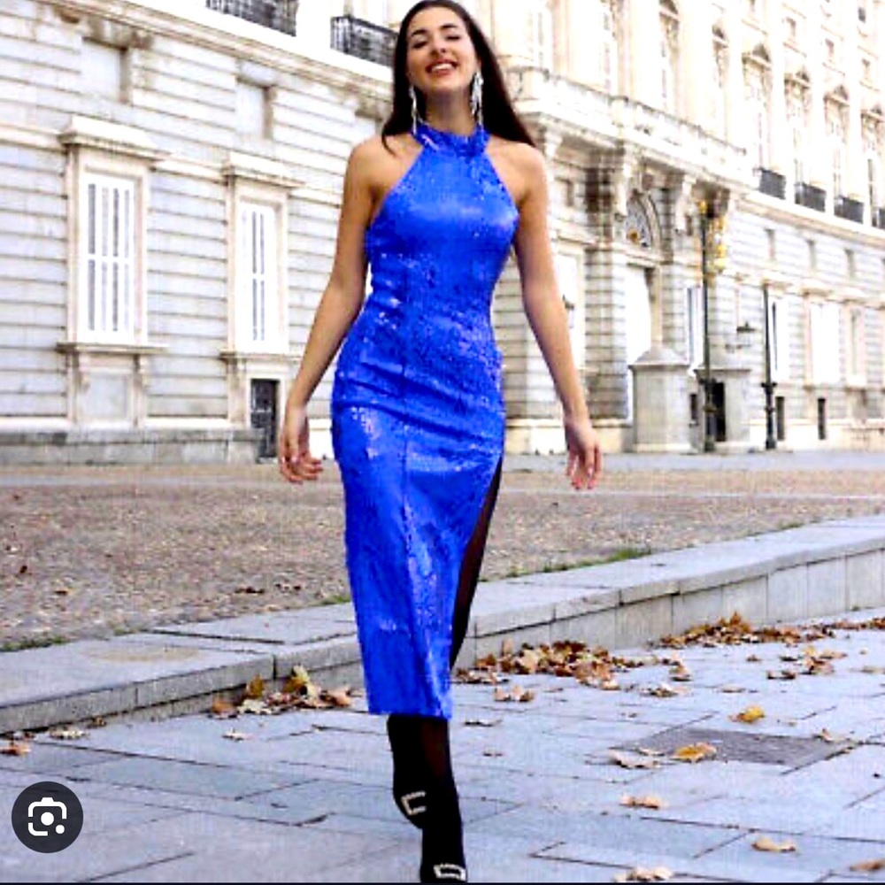 ZARA Blue Sequin Halter Neck Dress
